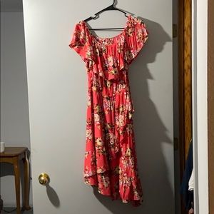 Coral floral off the should dress ruffle